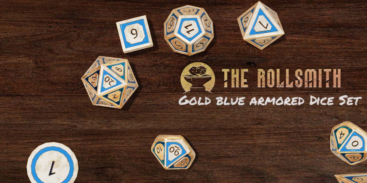 The Rollsmith - Gold Blue Armored Dice Set